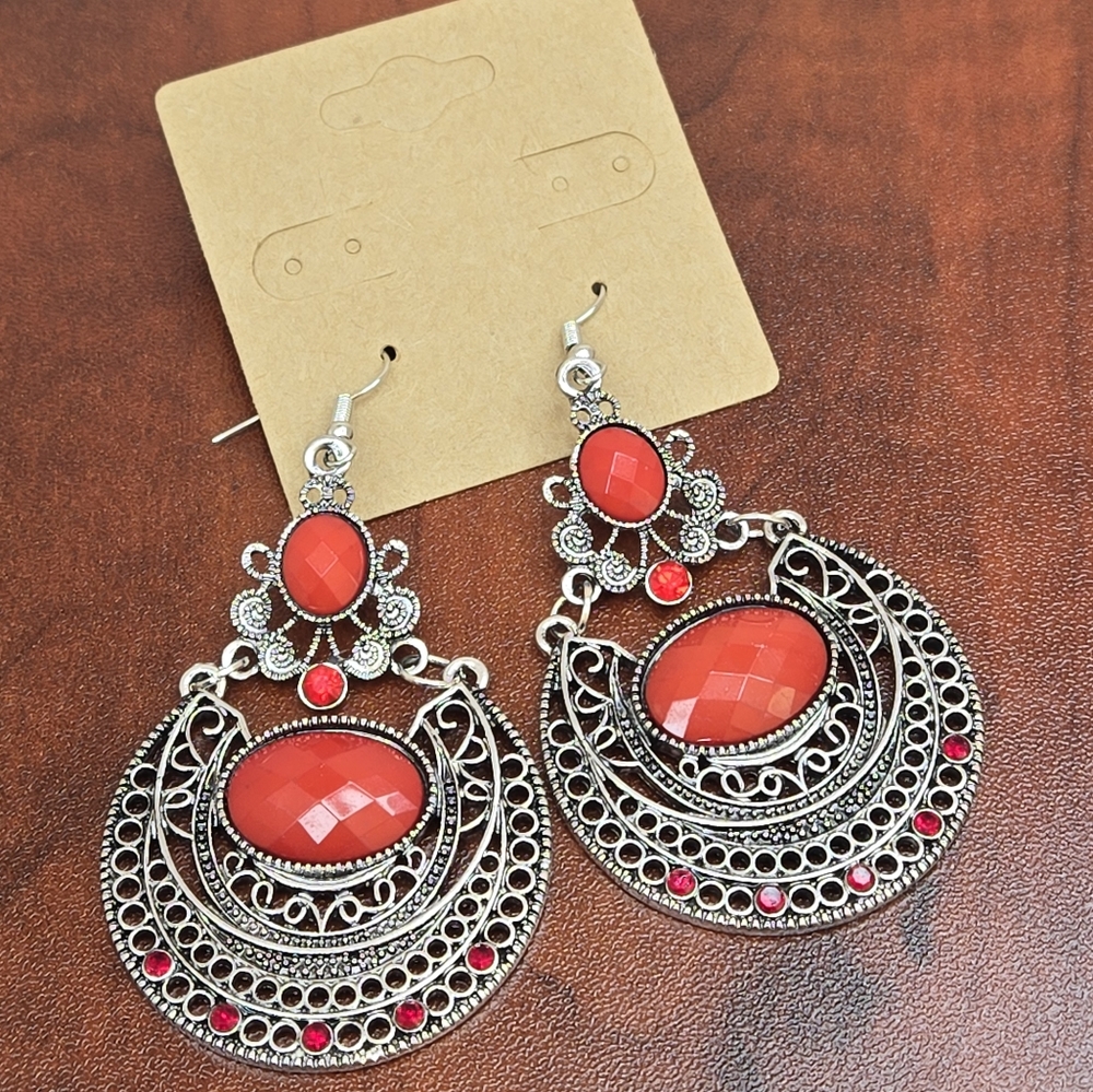 Elegant Red Silver Earrings